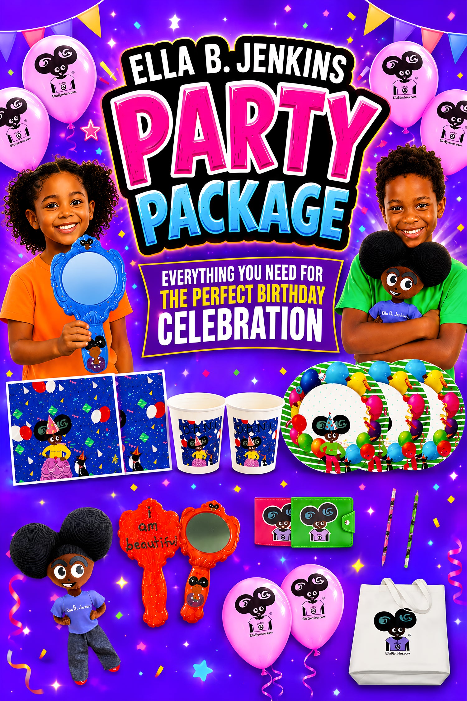 Ella B. Jenkins birthday party package with balloons, plates, cups, tote bag, wallet, mask, and keepsake ella b.jenkins plush doll or i am beautiful mirror